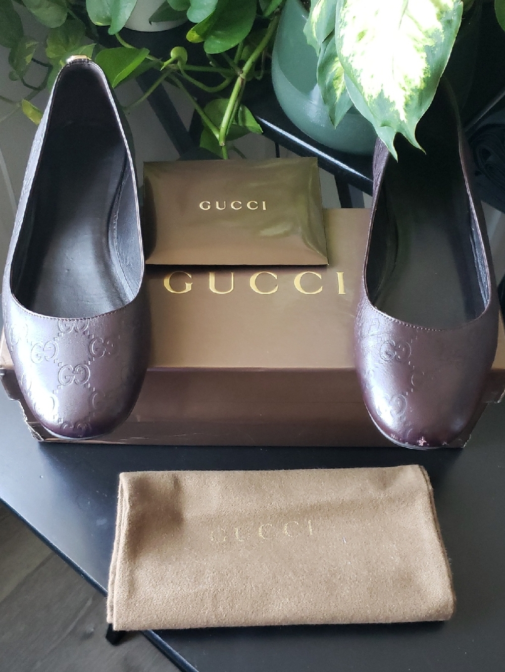 Gucci Brown Embossed GG Leather Ballet Flats